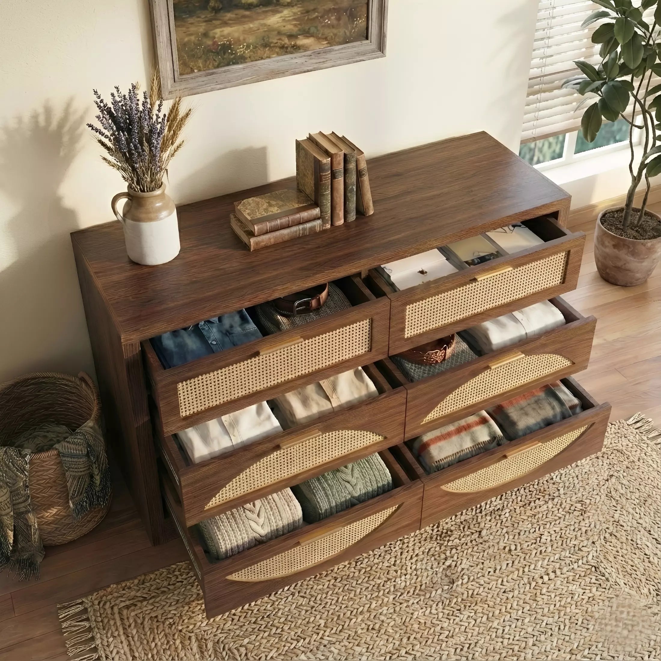 Rattan Dresser with Arched Design and Woven Drawer Fronts