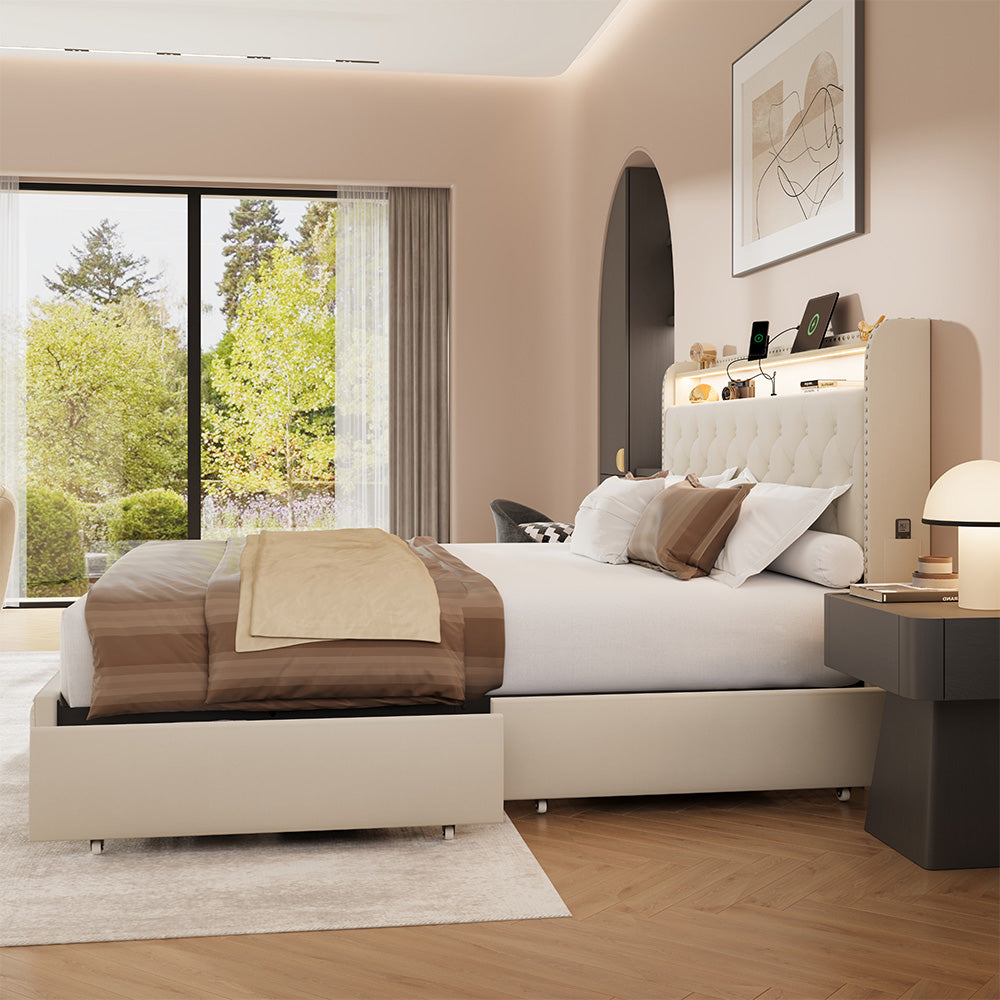 Upholstered Bed Frame with Storage Drawers and LED Headboard