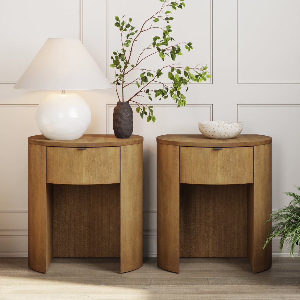 Wood Nightstand with Curved Drawer and Flat Back Design