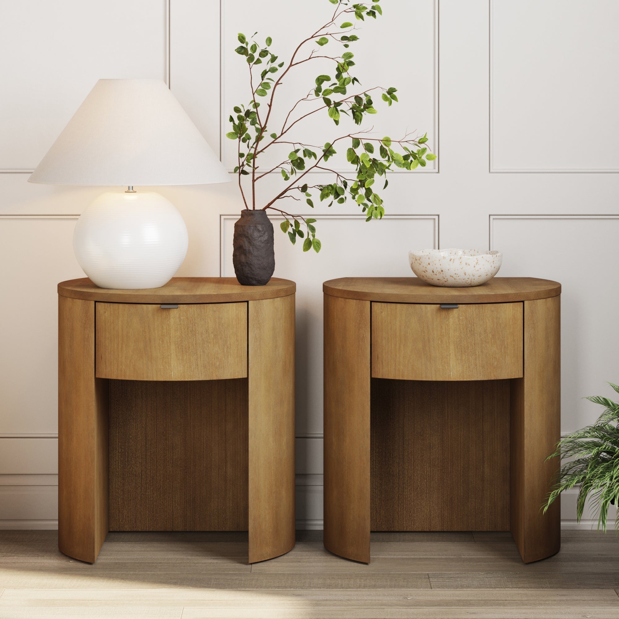 Wood Nightstand with Curved Drawer and Flat Back Design