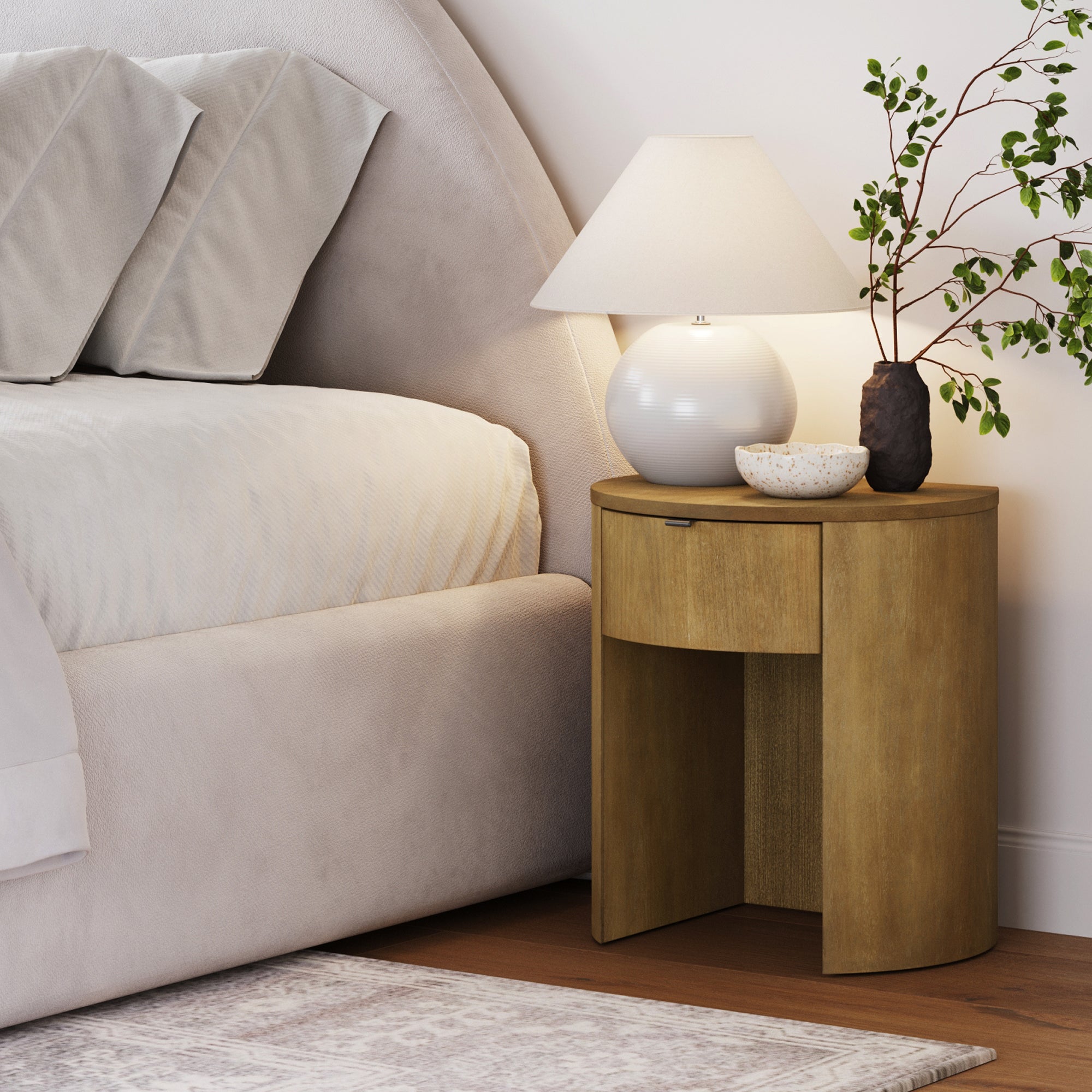 Wood Nightstand with Curved Drawer and Flat Back