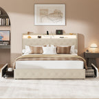 Upholstered Bed Frame with Storage Drawers and LED Headboard