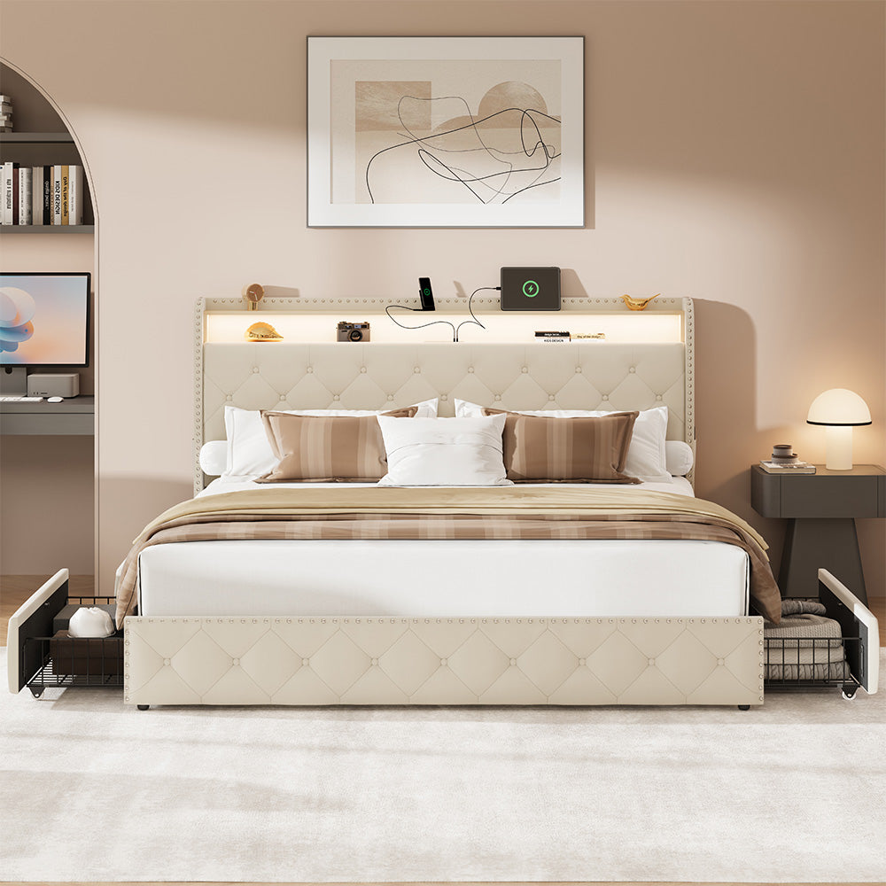 Upholstered Bed Frame with Storage Drawers and LED Headboard