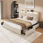 Upholstered Bed Frame with Storage Drawers and LED Headboard