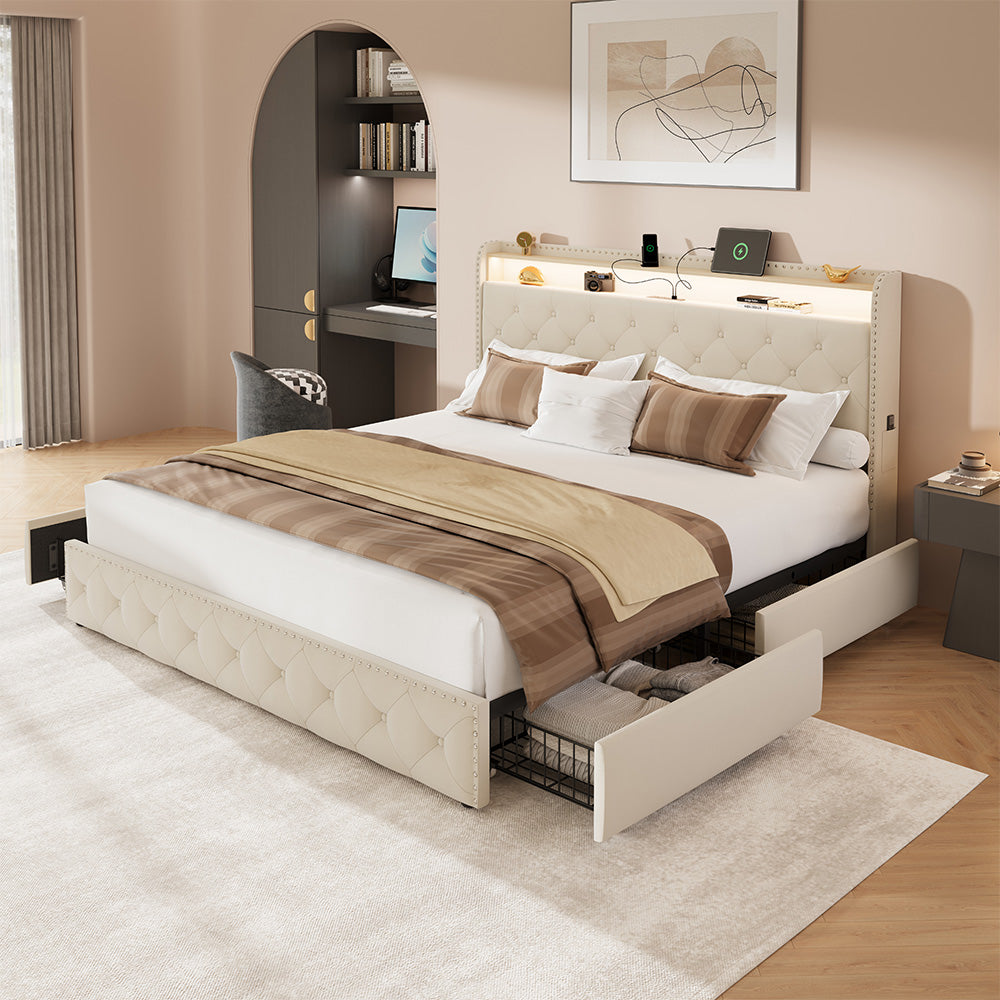Upholstered Bed Frame with Storage Drawers and LED Headboard