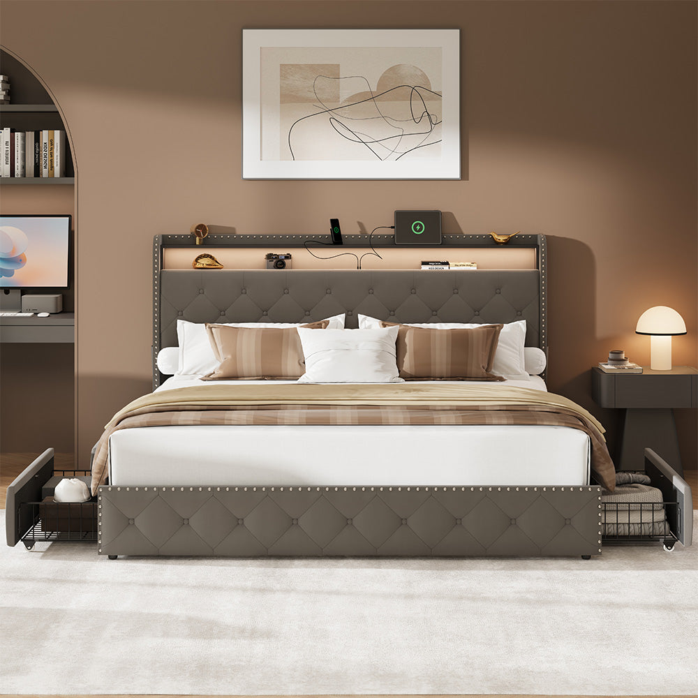 Upholstered Bed Frame with Storage Drawers and LED Headboard