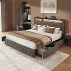 Upholstered Bed Frame with Storage Drawers and LED Headboard