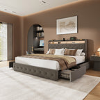 Larmace Bed Frame with 4 Drawers and Storage Headboard, Upholstered LED Bed Frame with Type-C & USB Charging Station, Velvet Platform Bed with Storage, No Box Spring Needed Grey