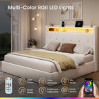 Upholstered Storage Bed Frame with LED Shelf and Charging Ports
