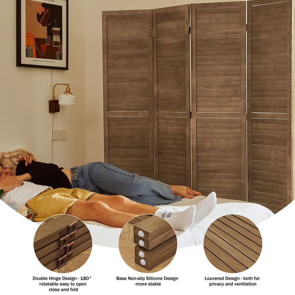 Louvered Wooden Room Divider with Folding Panels