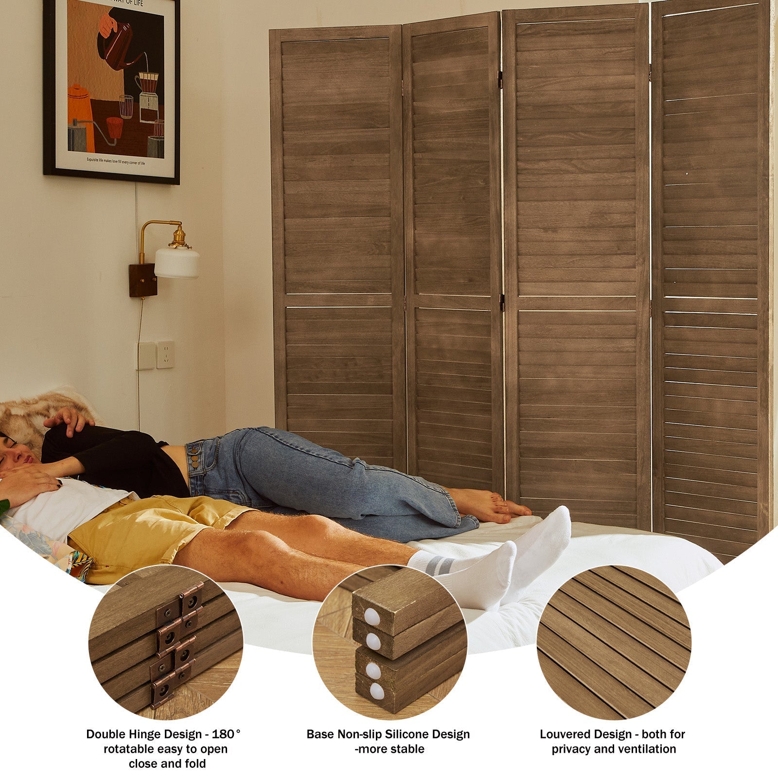 Louvered Wooden Room Divider with Folding Panels