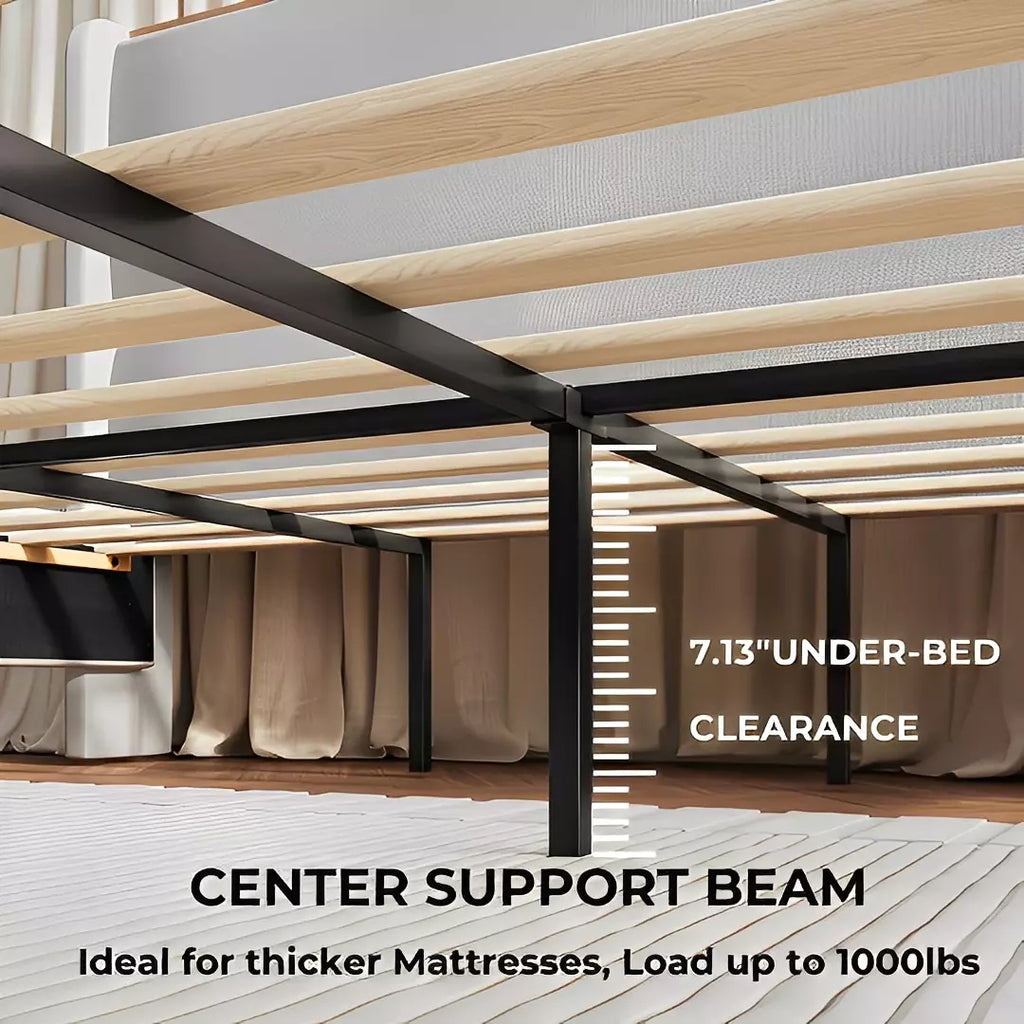 Upholstered Wingback Bed Frame with LED Headboard Shelf