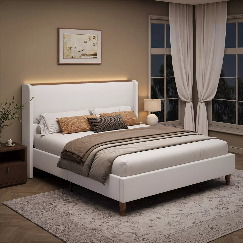 Upholstered Wingback Bed Frame with LED Headboard Shelf