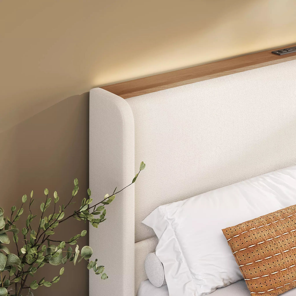 Upholstered Wingback Bed Frame with LED Headboard Shelf