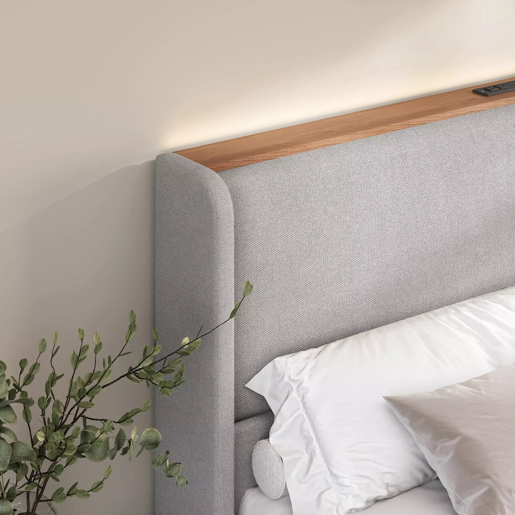 Upholstered Wingback Bed Frame with LED Headboard Shelf