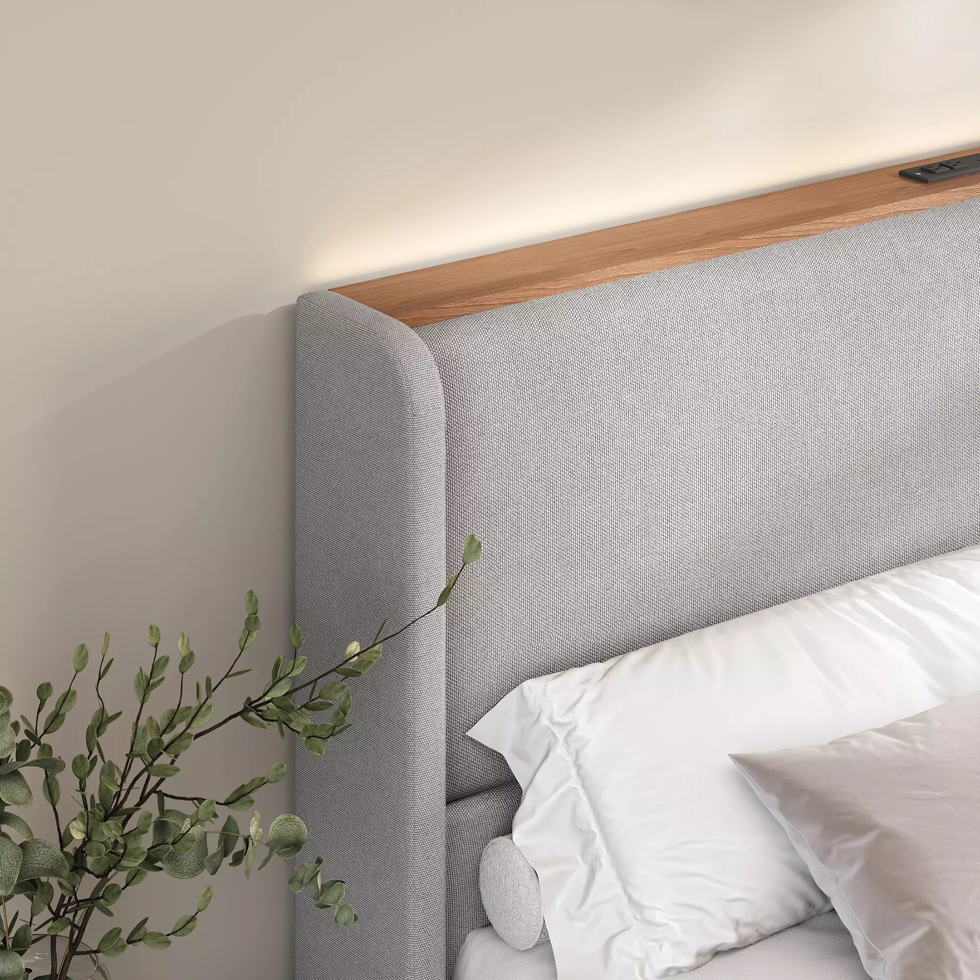 Upholstered Wingback Bed Frame with LED Headboard Shelf