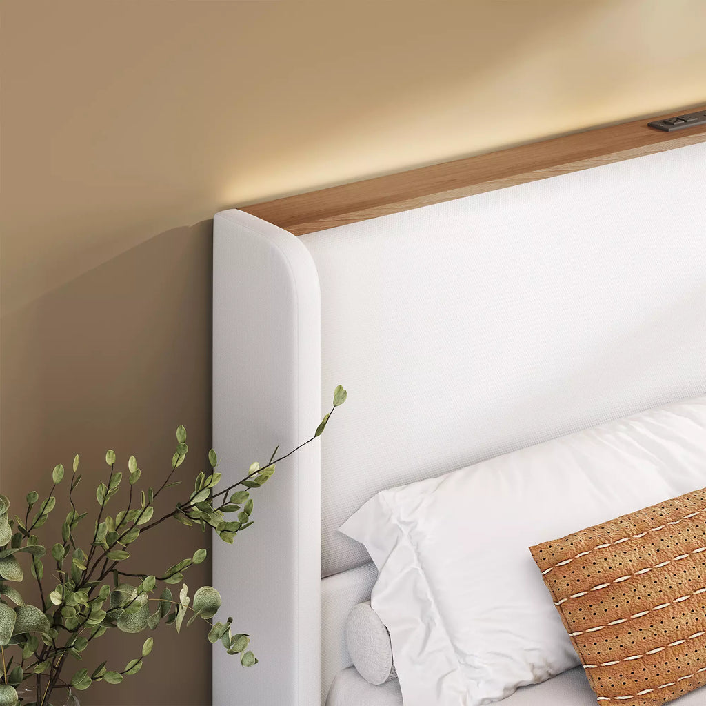 Upholstered Wingback Bed Frame with LED Headboard Shelf