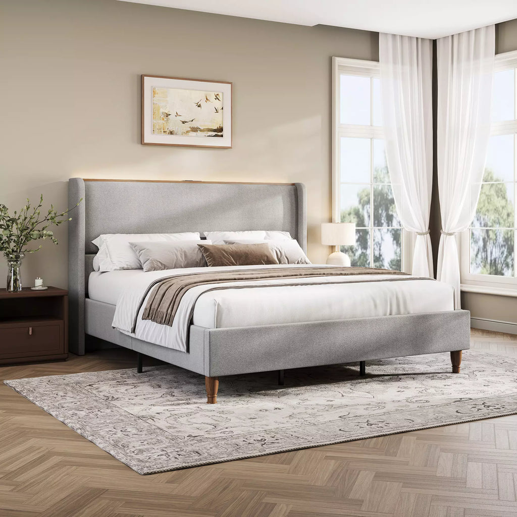 Upholstered Wingback Bed Frame with LED Headboard Shelf