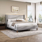 Upholstered Wingback Bed Frame with LED Headboard Shelf