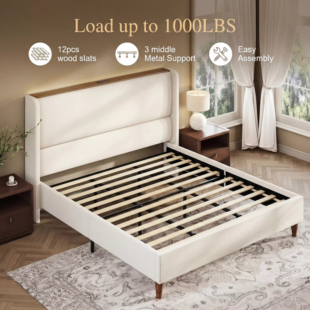 Upholstered Wingback Bed Frame with LED Headboard Shelf