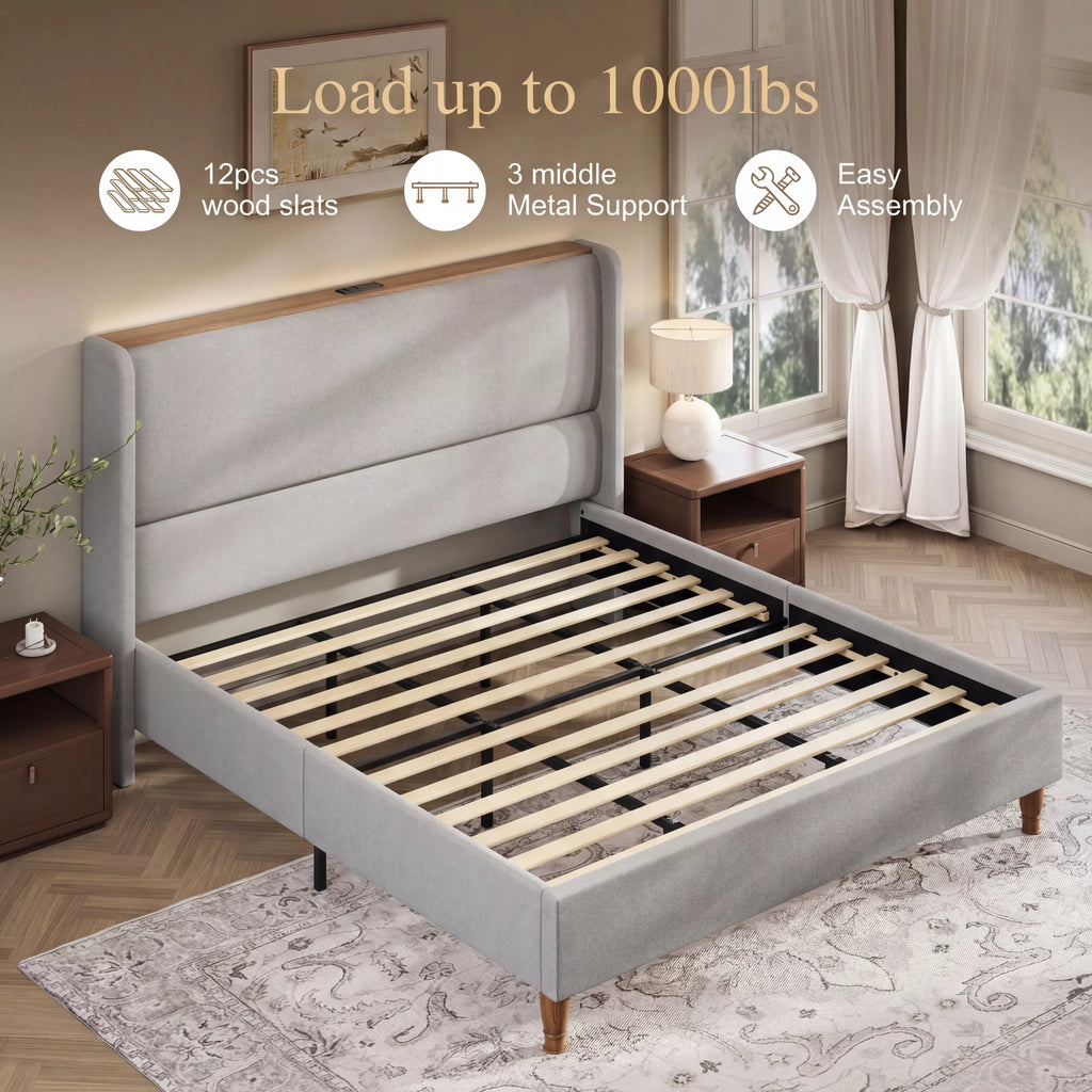 Upholstered Wingback Bed Frame with LED Headboard Shelf