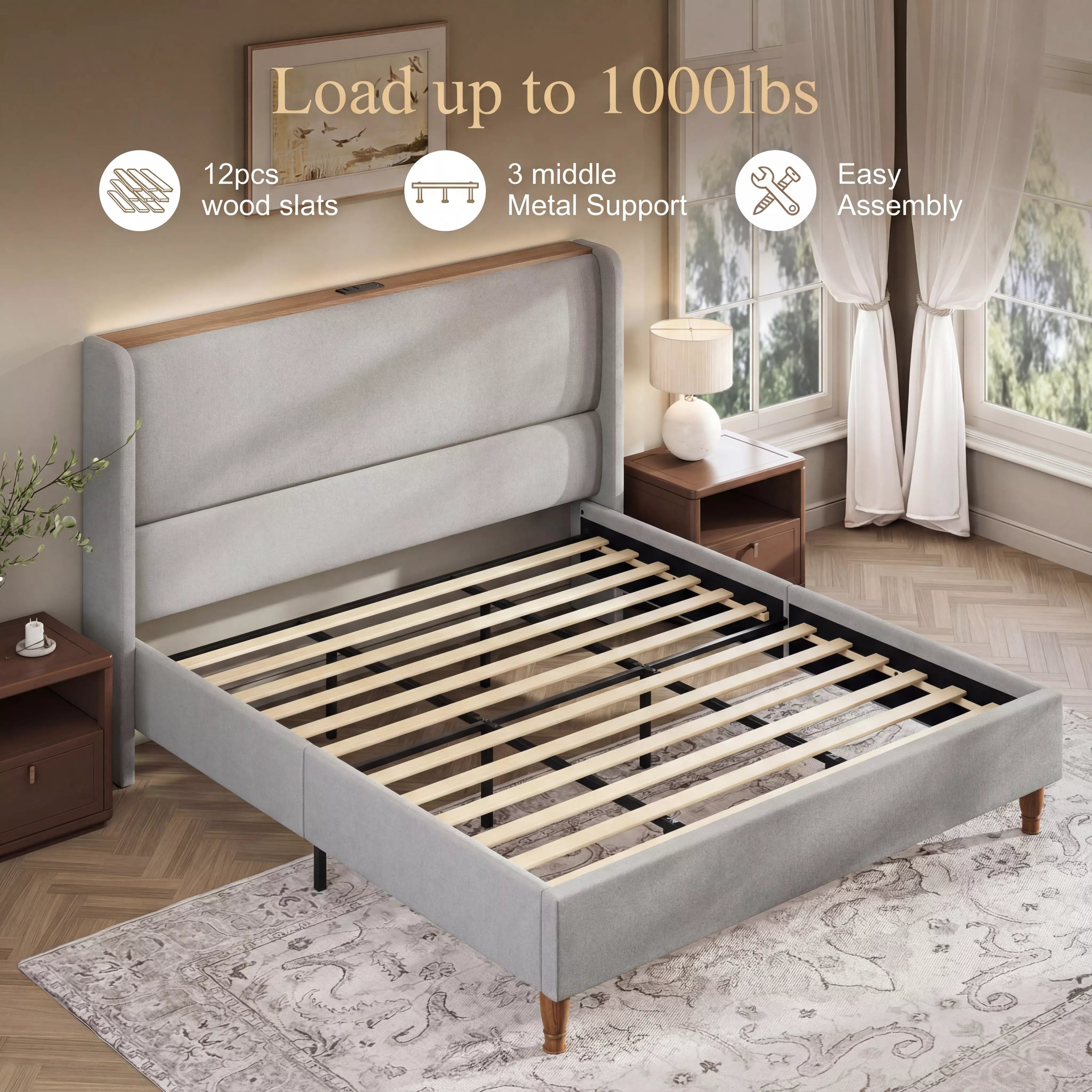 Upholstered Wingback Bed Frame with LED Headboard Shelf