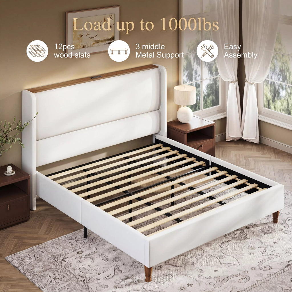 Upholstered Wingback Bed Frame with LED Headboard Shelf
