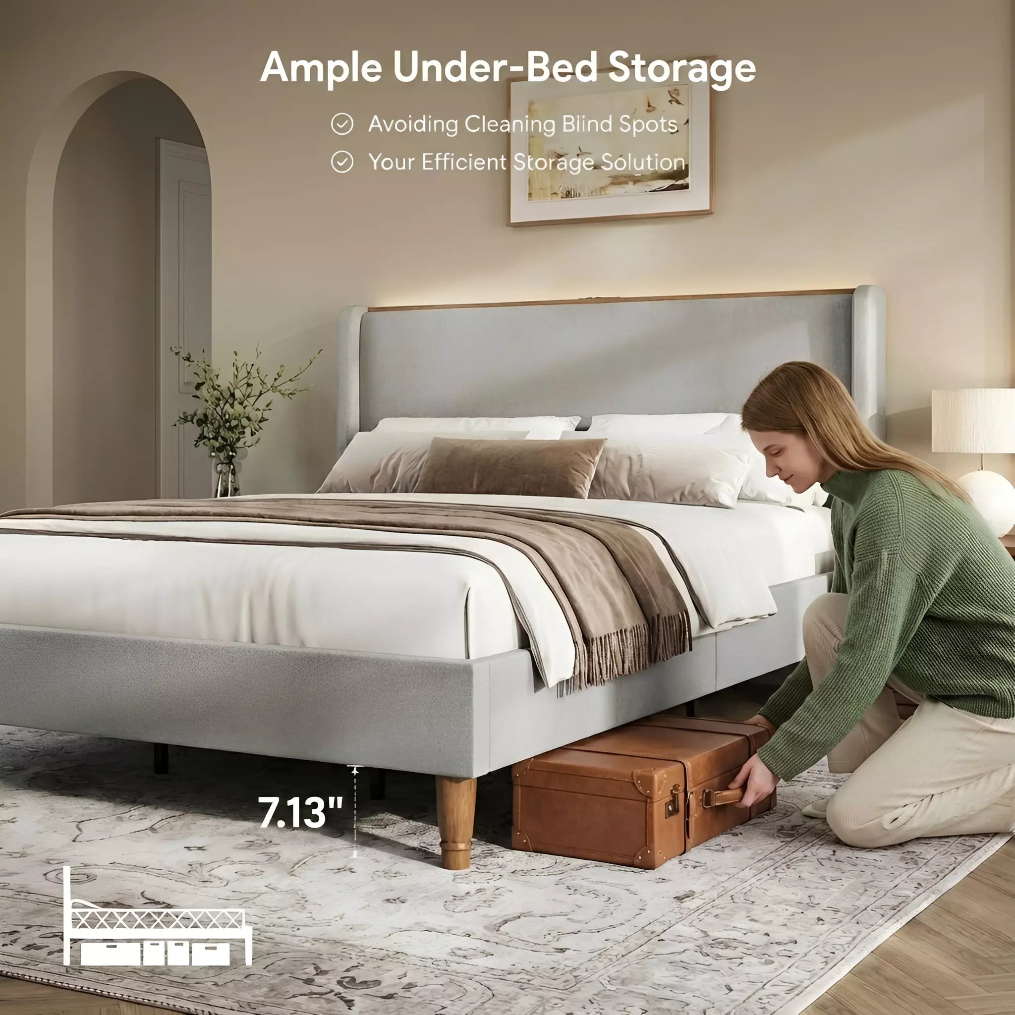 Upholstered Wingback Bed Frame with LED Headboard Shelf