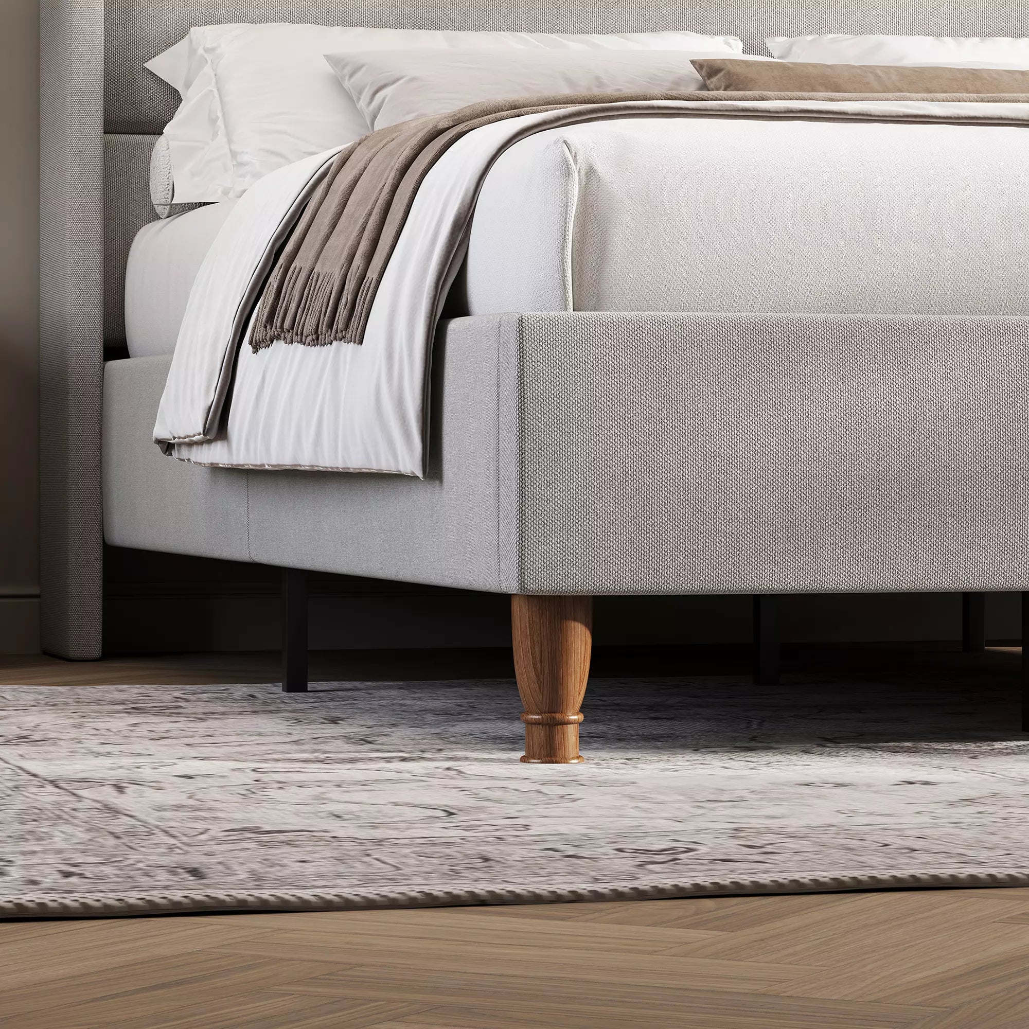 Upholstered Wingback Bed Frame with LED Headboard Shelf