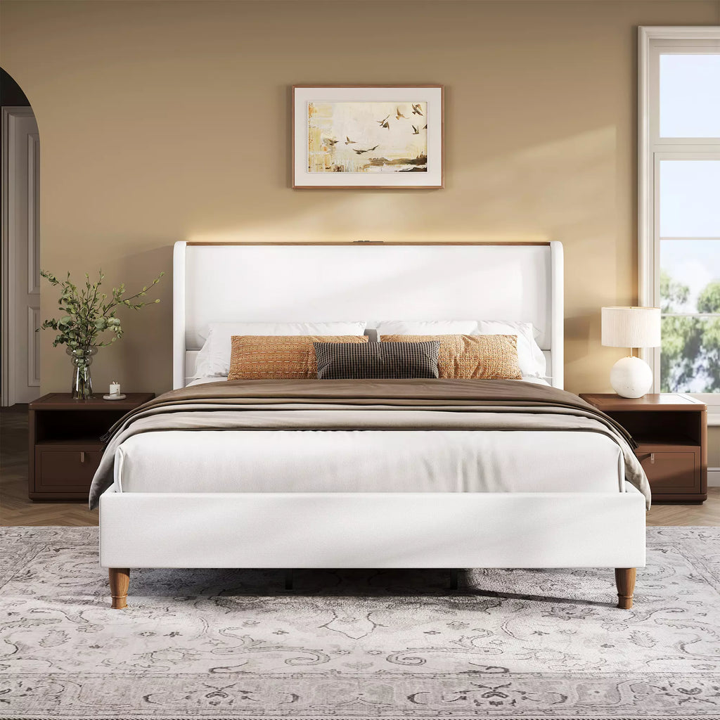 Upholstered Wingback Bed Frame with LED Headboard Shelf