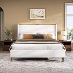 Upholstered Wingback Bed Frame with LED Headboard Shelf