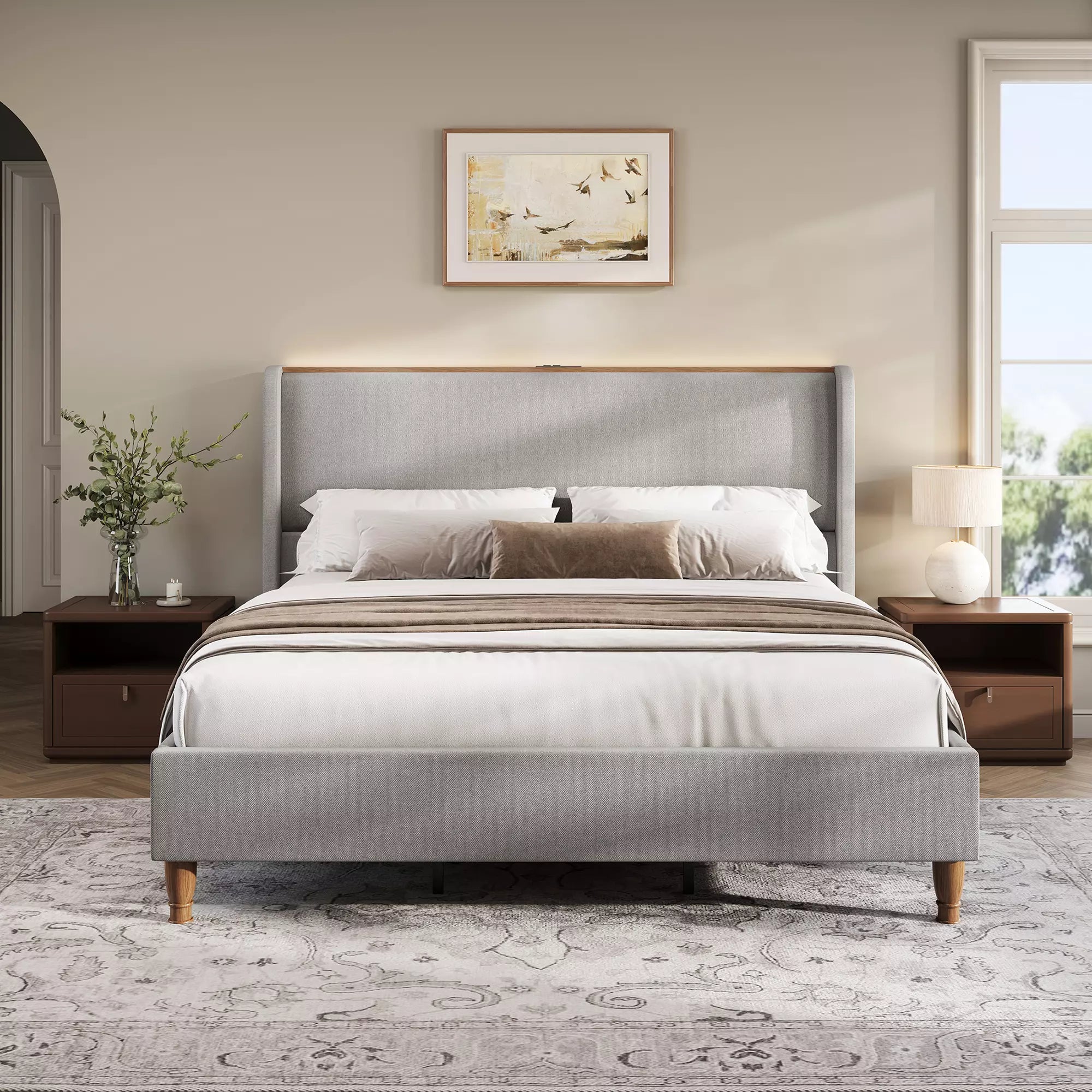 Upholstered Wingback Bed Frame with LED Headboard Shelf