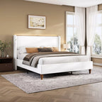 Upholstered Wingback Bed Frame with LED Headboard Shelf