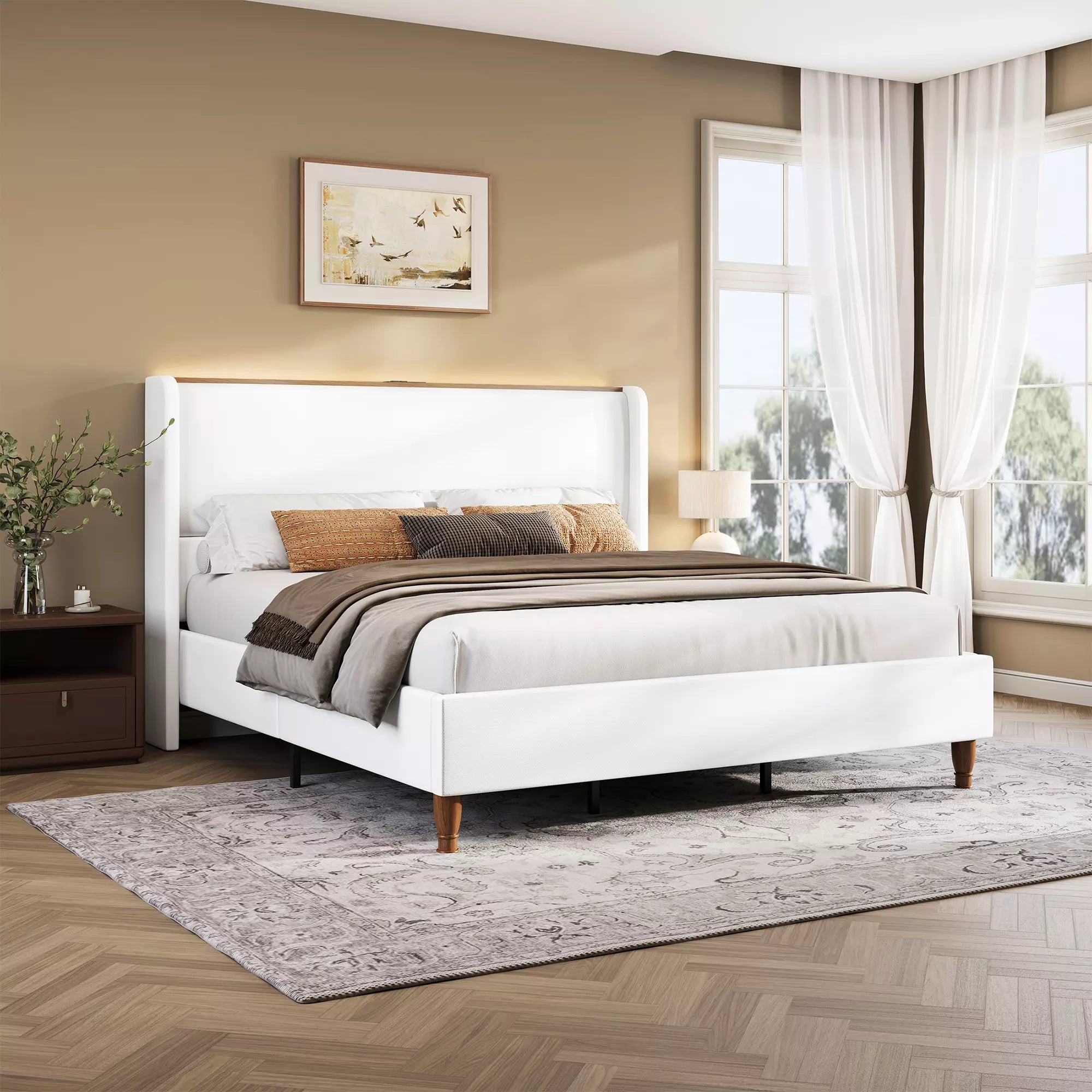 Upholstered Wingback Bed Frame with LED Headboard Shelf