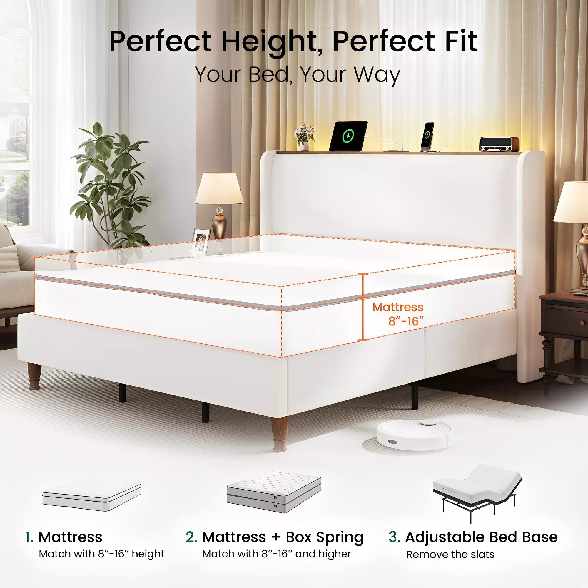 Upholstered Wingback Bed Frame with LED Headboard Shelf