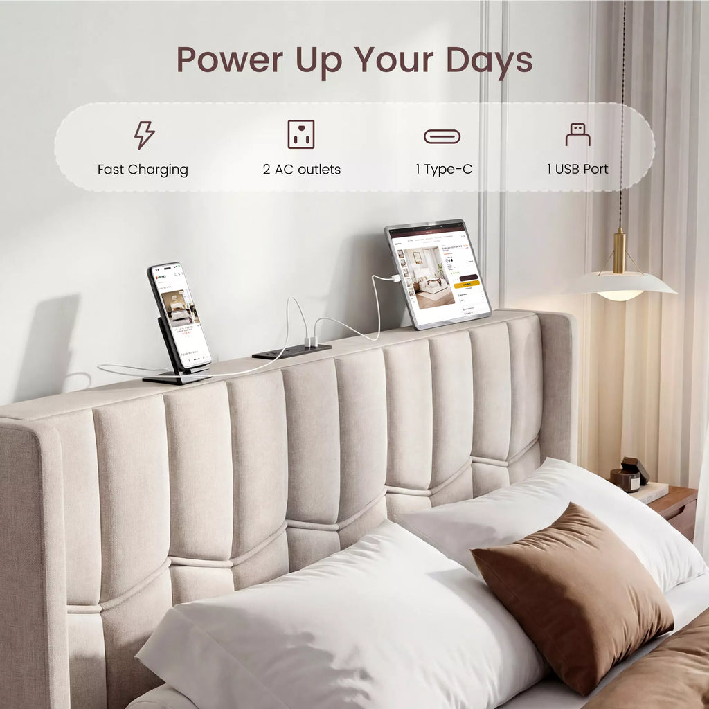Upholstered Wingback Platform Bed Frame with Charging Ports