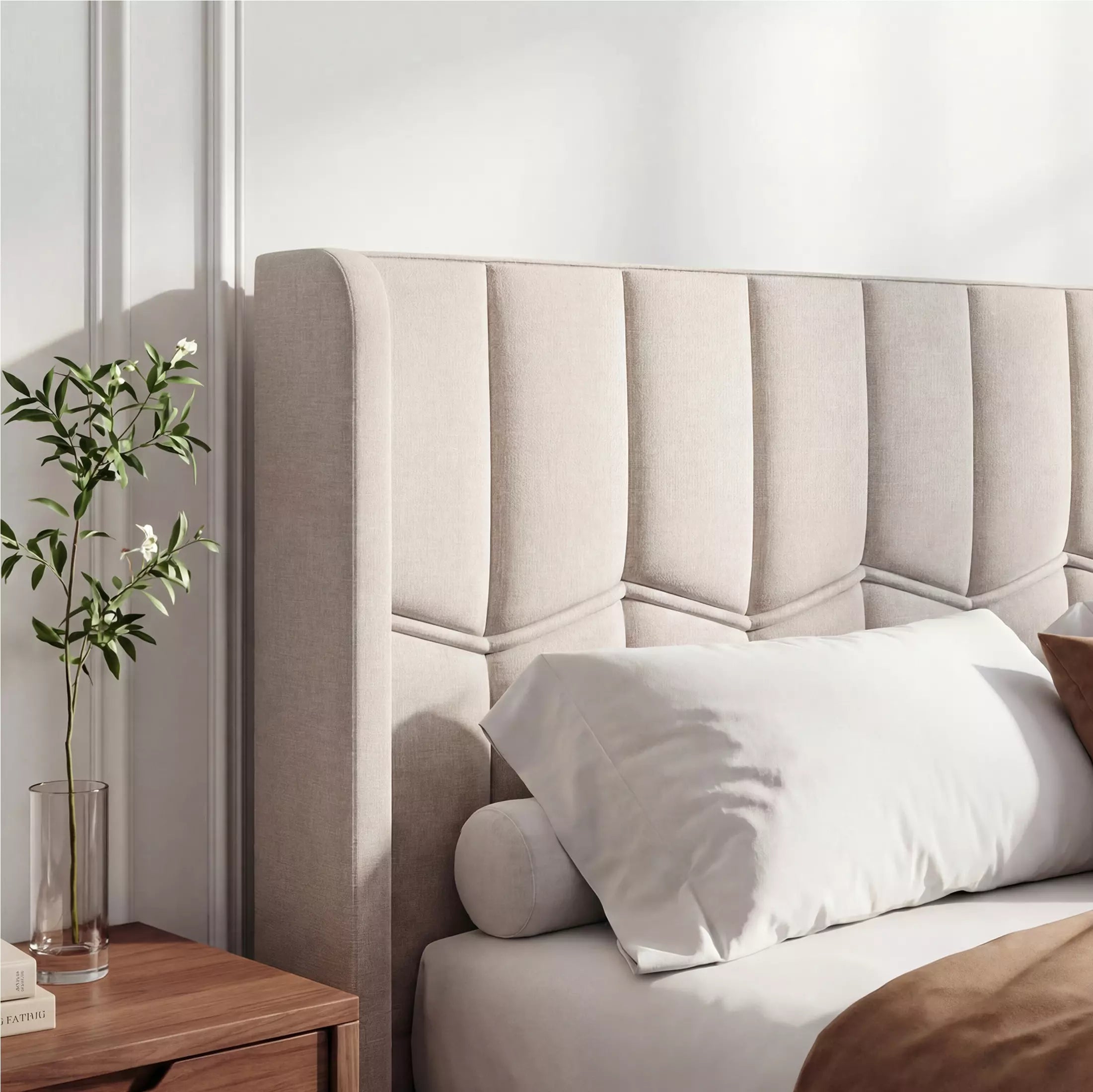Upholstered Wingback Platform Bed Frame with Charging Ports