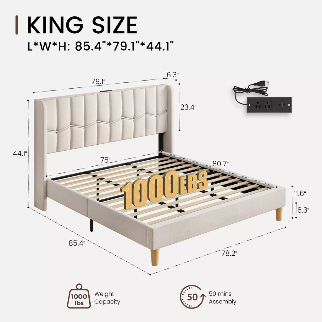 Upholstered Wingback Platform Bed Frame with Charging Ports