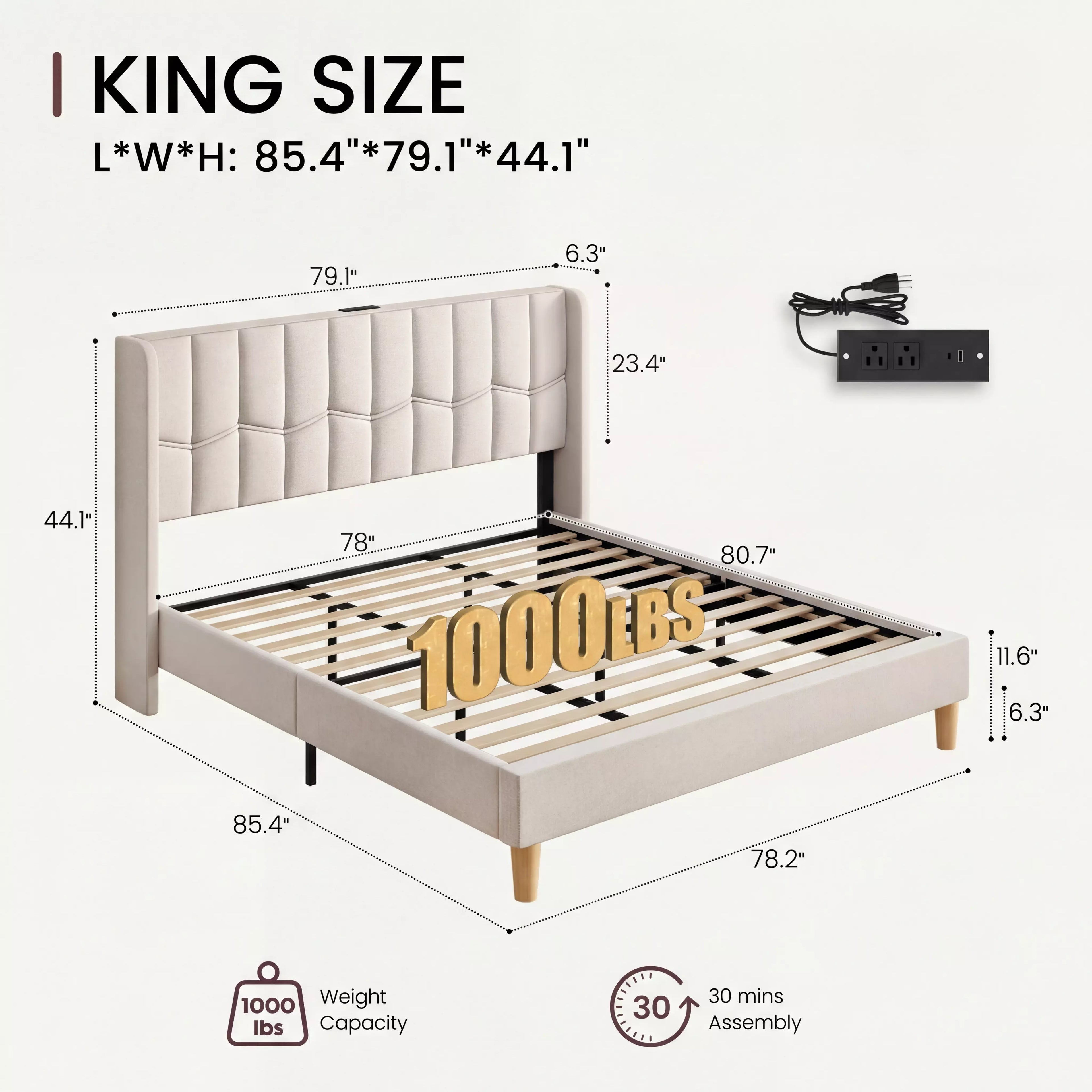 Upholstered Wingback Platform Bed Frame with Charging Ports