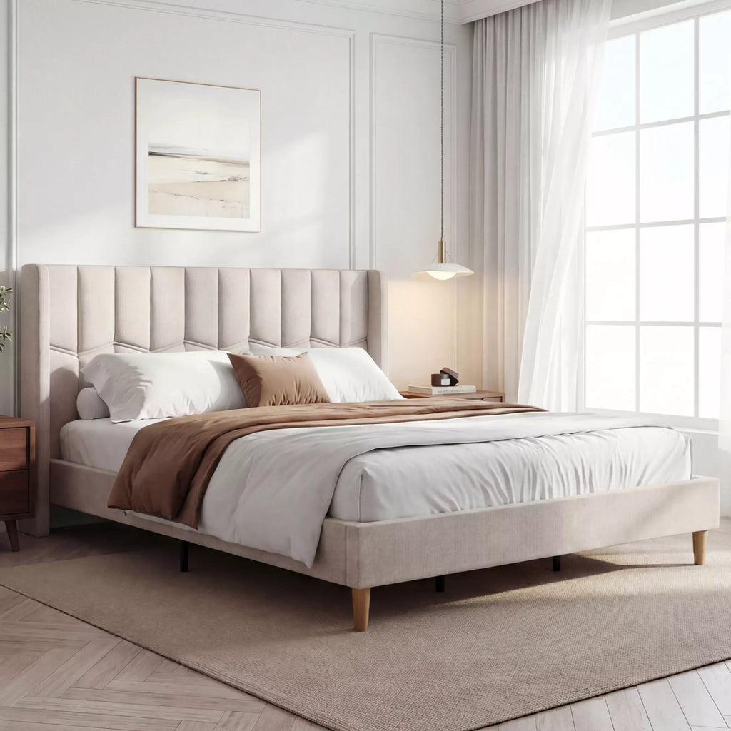 Upholstered Wingback Platform Bed Frame with Charging Ports
