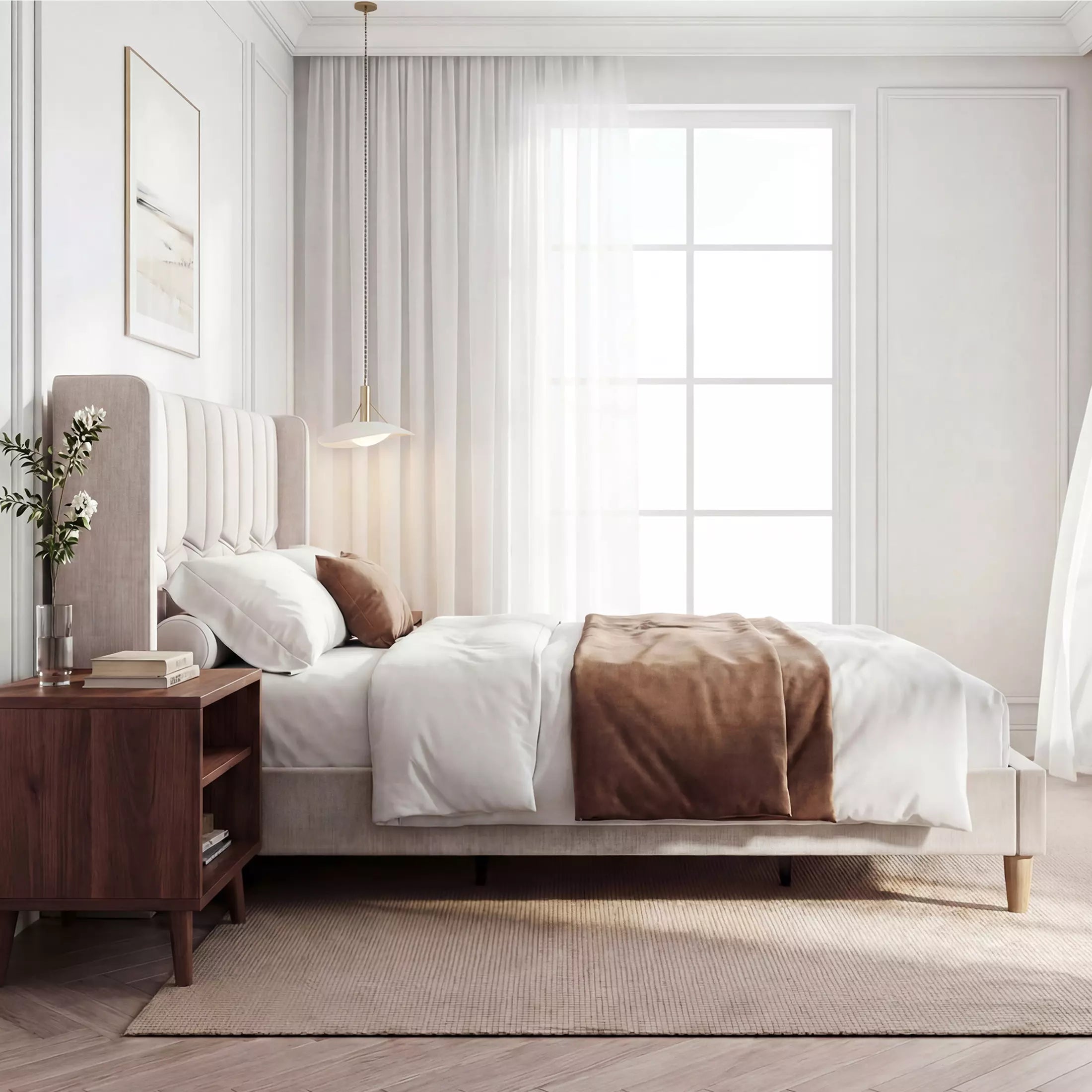 Upholstered Wingback Platform Bed Frame with Charging Ports