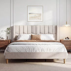 Upholstered Wingback Platform Bed Frame with Charging Ports