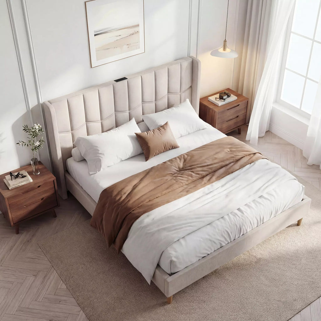Upholstered Wingback Platform Bed Frame with Charging Ports