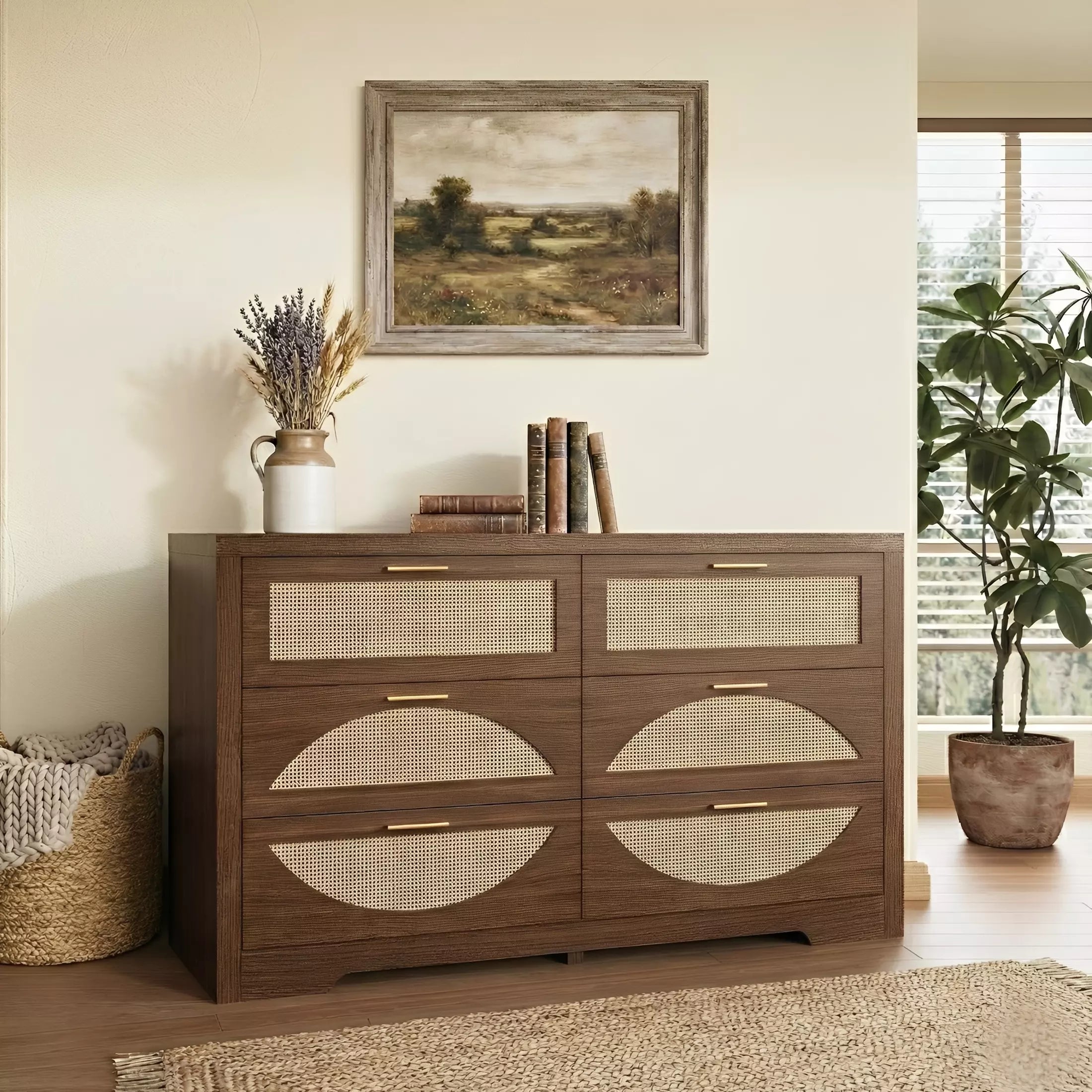 Rattan Dresser with Arched Design and Woven Drawer Fronts