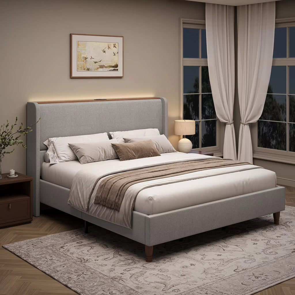 Upholstered Wingback Bed Frame with LED Headboard Shelf