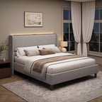 Upholstered Wingback Bed Frame with LED Headboard Shelf
