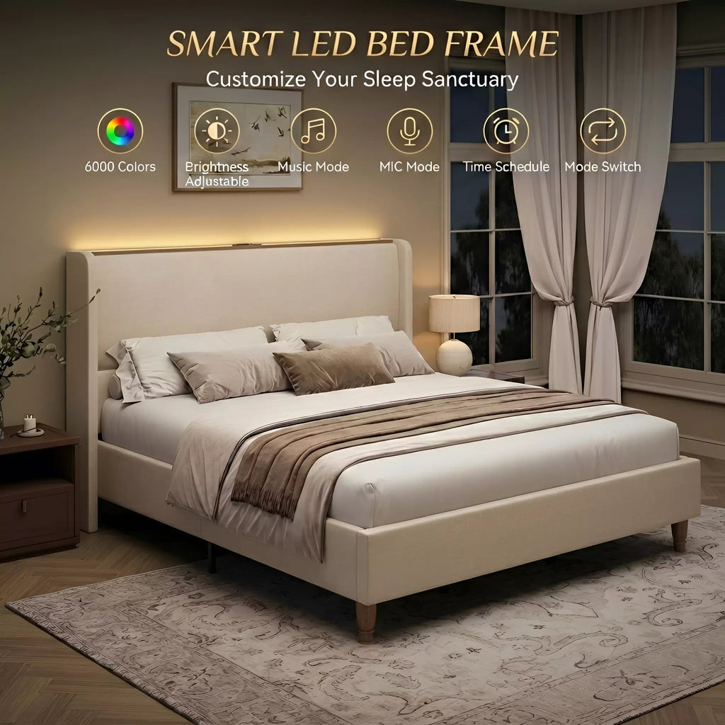 Upholstered Wingback Bed Frame with LED Headboard Shelf
