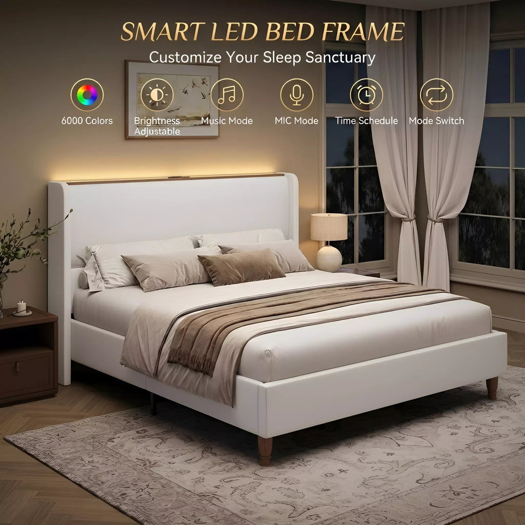 Upholstered Wingback Bed Frame with LED Headboard Shelf