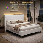 Upholstered Wingback Bed Frame with LED Headboard Shelf