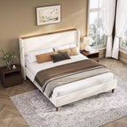 Upholstered Wingback Bed Frame with LED Headboard Shelf